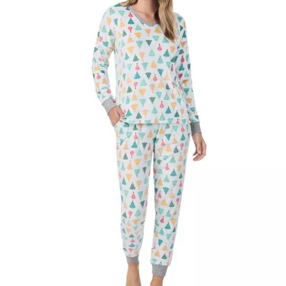Cuddl Duds Velour Fleece V Neck PJ Pajama Set NEW Christmas Trees XXL